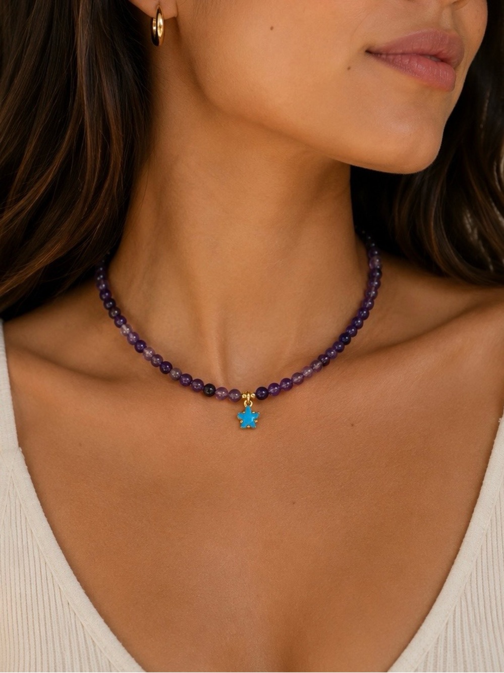 Amethyst Beaded Necklace with Turquoise Star Charm